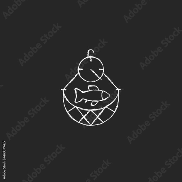 Fototapeta Overfishing chalk white icon on dark background. Depletion of species. Excessive amount of seafood harvest. Ecosystem exhaustion. Commercial fishery. Isolated vector chalkboard illustration on black