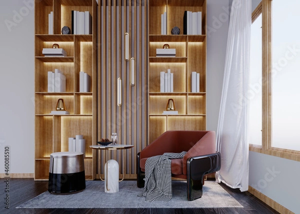 Obraz 3d rendering,3d illustration, Interior Scene and  Mockup,Corner bookshelf, white wall, wooden shelf with LED lights Warm white color, armchair in the middle of the room.