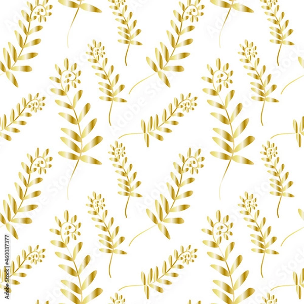 Fototapeta  Vector seamless pattern with gold line garden flowers on white isolated background. Floral print hand painted.Design for wrapping paper,packaging,textiles,fabric,backdrop,wallpaper,scrapbook paper.