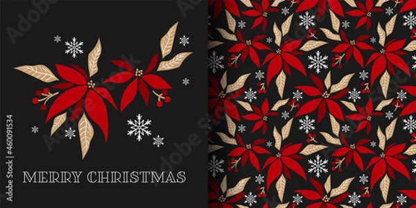 Fototapeta Christmas holiday season banner of Merry Christmas text and seamless pattern of Christmas winter poinsettia flower branches decorative with holly berry branch and snowflakes on black background.