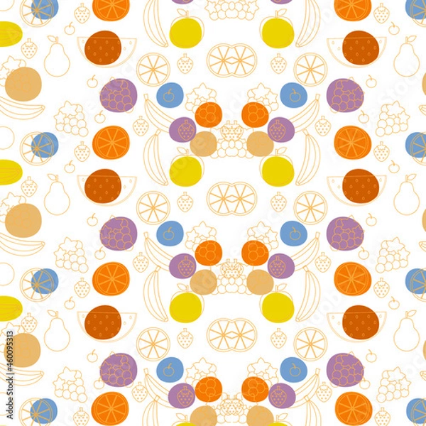 Fototapeta Colorful Fruit Pattern. Orange, Banana, Pear, Strawberry, Watermelon and Stars
