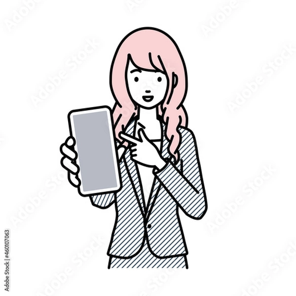 Fototapeta 立ってスマートフォンを指差してこちらに向けて見せているスーツの女性