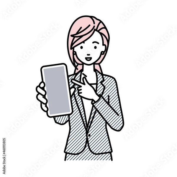 Fototapeta 立ってスマートフォンを指差してこちらに向けて見せているスーツの女性
