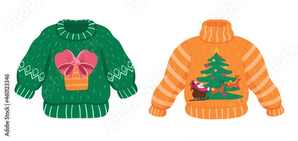 Fototapeta Vector cute tacky sweaters set for Christmas party. Funny Xmas ugly jumpers with sleigh, Santa Claus, deers, gifts and fir-tree. Isolated green and orange objects.