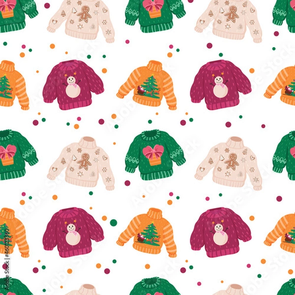 Fototapeta Vector seamless pattern with ugly sweaters set for Christmas party. Funny Xmas jumpers with Christmas sleigh, deers, Santa, tree and a snowman. White background.