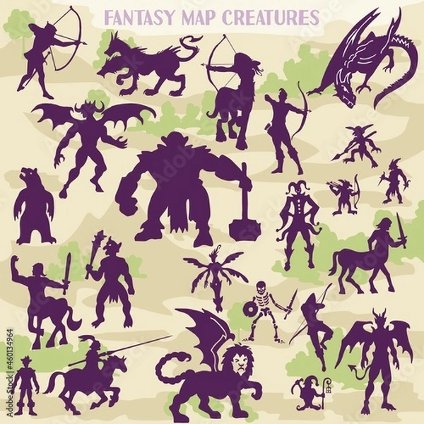 Obraz Fantasy and mythological monster creatures in silhouette illustrations for dungeon map builders 1