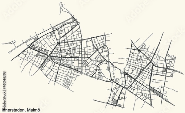 Fototapeta Detailed navigation urban street roads map on vintage beige background of the quarter Innerstaden (Inner City) district of the Swedish regional capital city of Malmö, Sweden