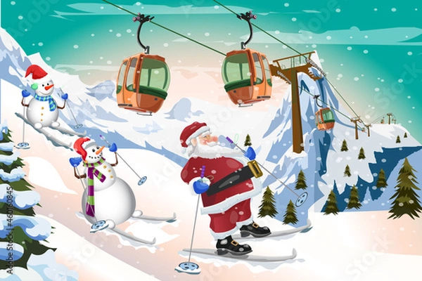 Fototapeta Santa Claus and Snowman Skiing with Gondola tram Winter  time background vector design 