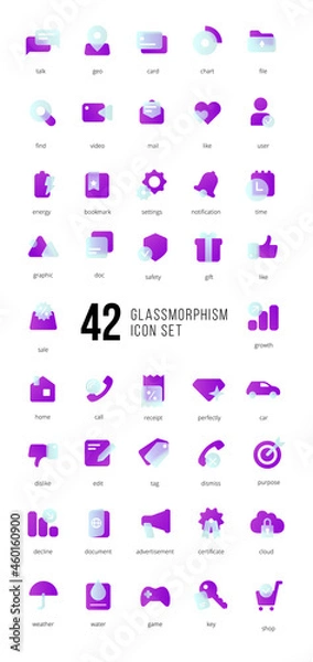 Fototapeta A set of purple vector icons of modern trend in the style of glass morphism with gradient, blur and transparency. The collection includes 42 icons in a single style of business, finance, UX UI
