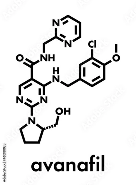 Fototapeta Avanafil erectile dysfunction drug molecule. PDE5 inhibitor used in treatment of impotence. Skeletal formula.
