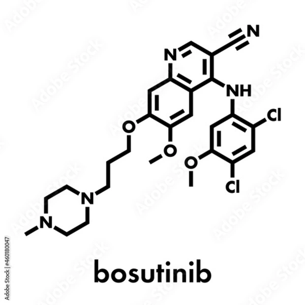 Fototapeta Bosutinib chronic myelogenous leukemia (CML) drug molecule. Tyrosine kinase inhibitor targeting Bcr-Abl and SRc family kinase. Skeletal formula.