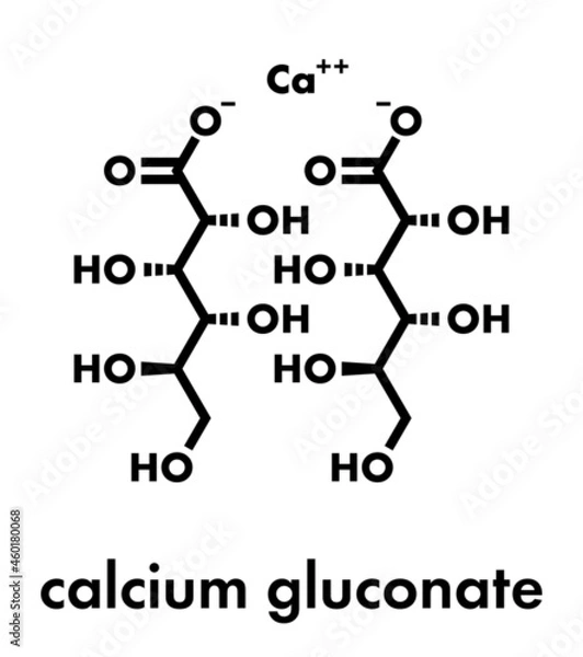 Fototapeta Calcium gluconate drug. Soluble form of Ca, used to treat magnesium overdose, hypocalcemia and hydrofluoric acid (HF) burns. Skeletal formula.