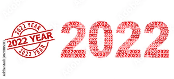 Obraz Red round stamp seal has 2022 Year caption inside circle. Vector 2022 year digits collage is done from scattered fractal 2022 year digits pictograms. Scratched 2022 Year seal,