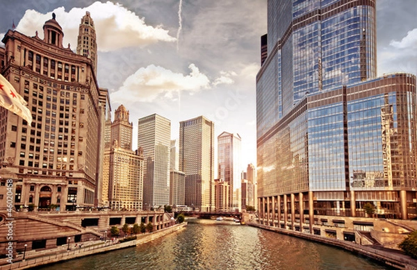 Fototapeta Chicago Skyline o zachodzie słońca