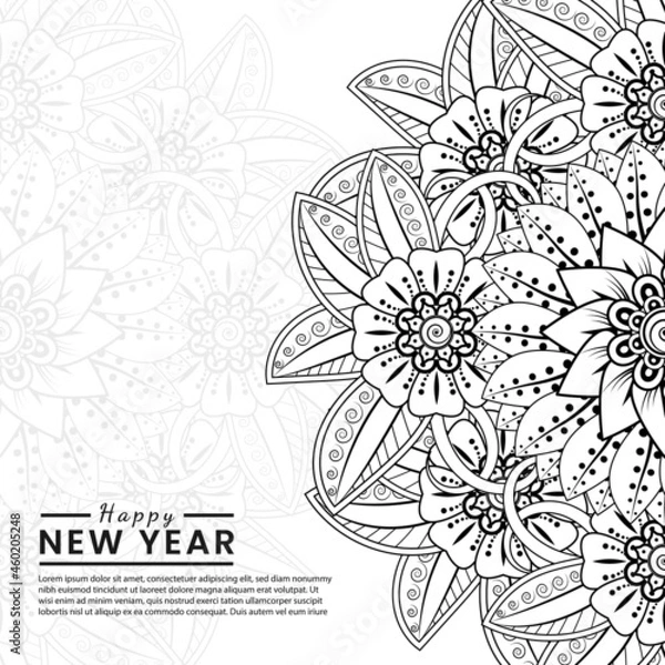 Fototapeta Happy new year banner or card template with mehndi flower