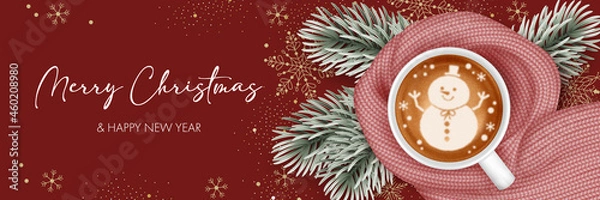 Fototapeta Coffee cup with warm knitted scarf and christmas tree branches. Background for greeting card, invitation or advertise
