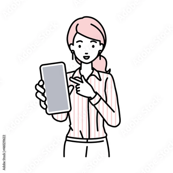 Fototapeta 立ってスマートフォンを指差してこちらに向けて見せているブラウスの女性