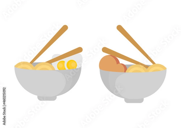Fototapeta illustration of noodles and eggs, and noodles and meatballs in a bowl with chopsticks on it
