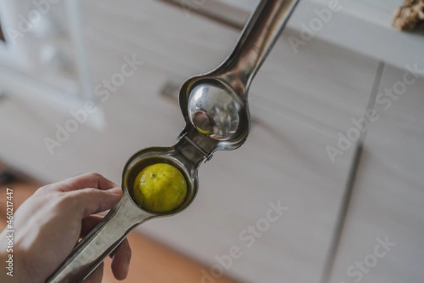 Obraz Lemon queezer stainless with lemon sliced on cutting board background for cooking.