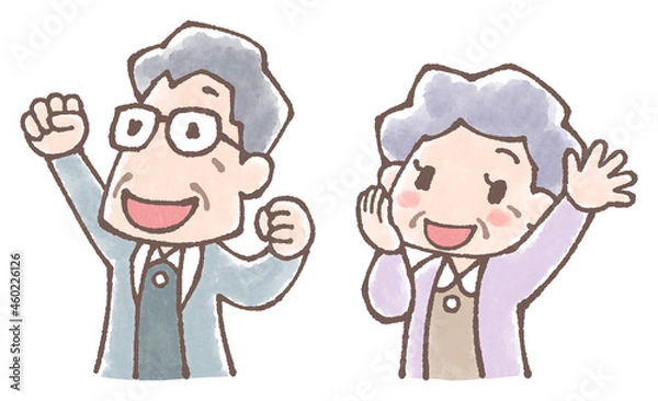 Fototapeta 老夫婦の応援イラストセット水彩風