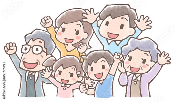 Fototapeta 三世代家族の応援集合イラスト水彩風