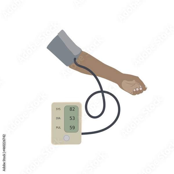 Fototapeta A dark skinned hand and a tonometer with hypotension, low blood pressure. Flat vector medical illustration.