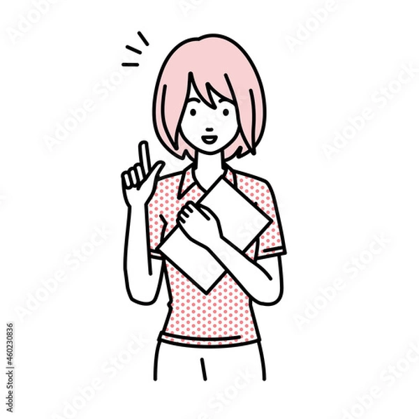 Fototapeta 立って書類を手に持って何かひらめいたポロシャツの女性