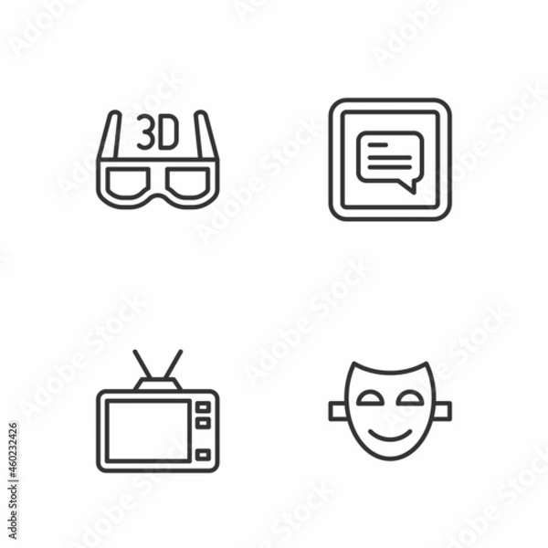 Fototapeta Set line Comedy theatrical mask, Retro tv, 3D cinema glasses and Video with subtitles icon. Vector
