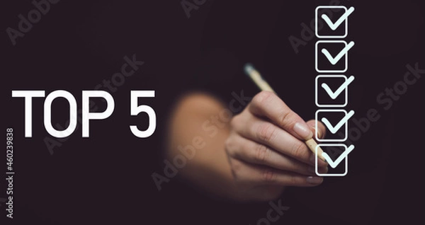Fototapeta 
Hand writing Top 5. 5 checkmarks on black background
