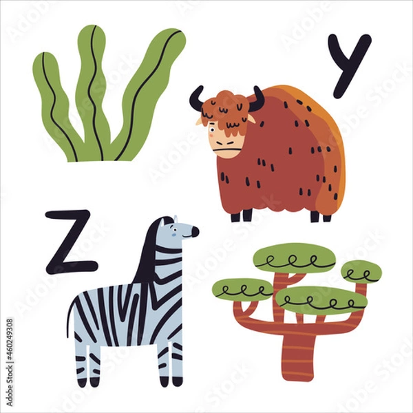 Fototapeta Cute card with letters with animals vector illustration. Yak, zebra doodle drawings on white background. Flat wild and sea animals, vector alphabet print