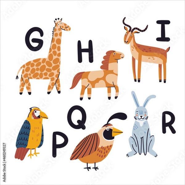 Fototapeta Cute card with letters with animals vector illustration. Giraffe, horse, impala, parrot, quail, rabbit doodle drawings on white background. Flat wild and sea animals, vector alphabet print