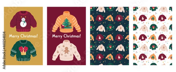 Fototapeta Big cute Christmas set with ugly sweaters cards and patterns. Funny Xmas jumpers with snowman, gingerbread cookie, sleigh, Santa and deers and backgrounds. Isolated objects. 