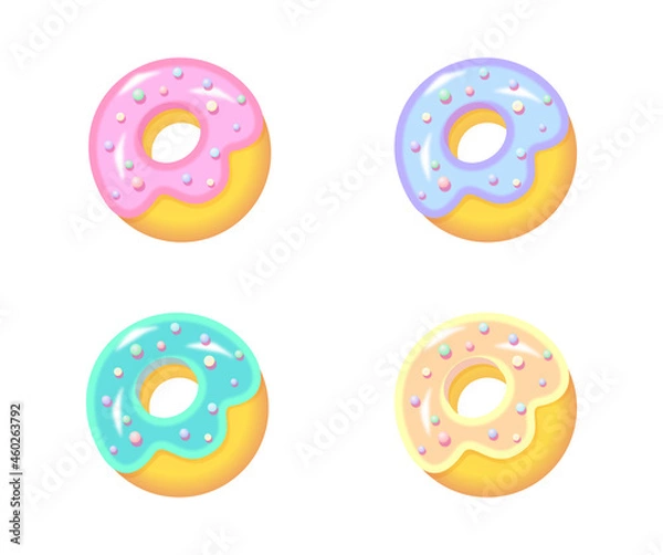 Fototapeta Set of four glazed donuts vector illustrations in pastel colors. Green, pink, yellow, violet, lilac glazed donuts in 3d style. For social media, post, story, banner, card.