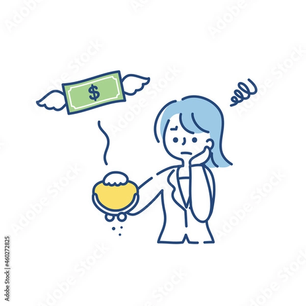 Fototapeta お金が貯まらなくて悲しむ女性のイラスト（ドル）