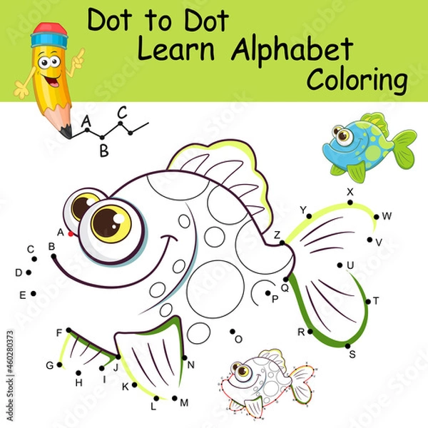 Fototapeta Fish. Learning the uppercase letters of the English alphabet with cartoon Fish. Dot to dot game with letters for kids. Logic Game and Coloring Page for preschool. Worksheet for practicing alphabet.