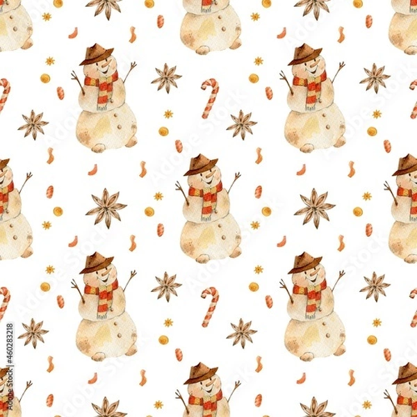 Obraz Snowman watercolor illustration Christmas seamless pattern on white background 