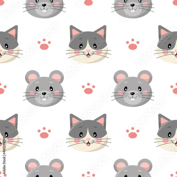Fototapeta Seamless pattern with cute cartoon cats and mice and paws isolated on white background