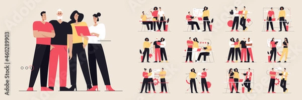 Fototapeta Collection of flat style vector illustrations depicting business people teamwork. Editable stroke