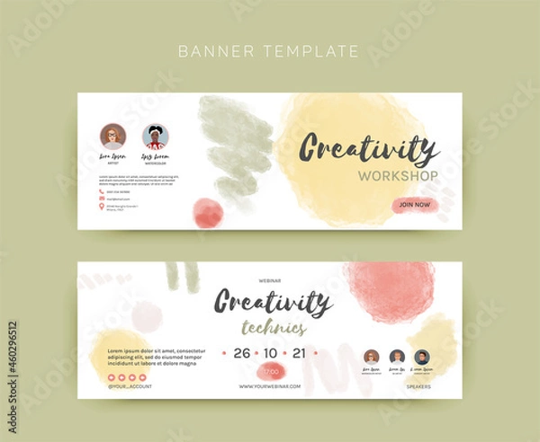 Fototapeta Vector template for social media and web design, with hand drawn watercolor blobs. Banner