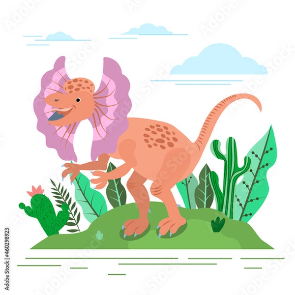 Obraz Cartoon funny Dilophosaurus, vector illustration isolated on white background. Stylized dinosaur in children's style.