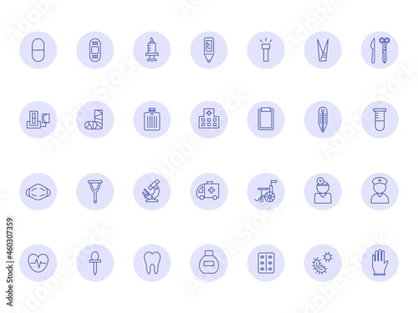 Fototapeta 医療（青）　アイコン　絆創膏　ワクチン　体温計　血圧計　医者　看護師　病院　菌　車椅子　マスク等