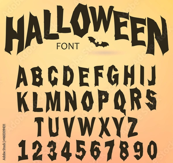 Fototapeta Czcionka Halloween, oryginalna krój pisma, przerażający przerażający alfabet, brudne litery, na imprezę wakacyjną. Wektor