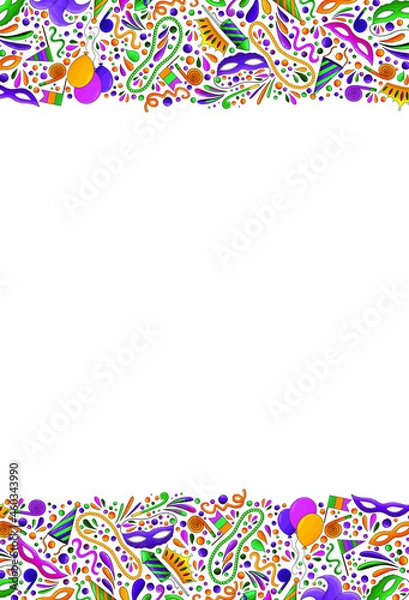 Obraz Mardi Gras backgrond. Mardi Gras beads, yellow, green, purple. Colorful carnival border. Mardi Gras banner, textile, fabric texture. Tradition carnival symbols, confetti, mask, firework, festive flags