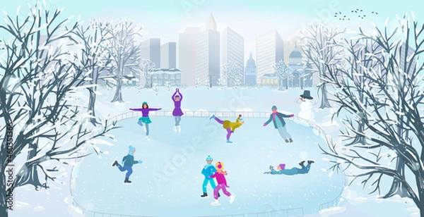 Fototapeta An ice rink in a winter park with people skating on the background of city buildings. Winter outdoor recreation. The concept of a healthy lifestyle. Vector illustration.