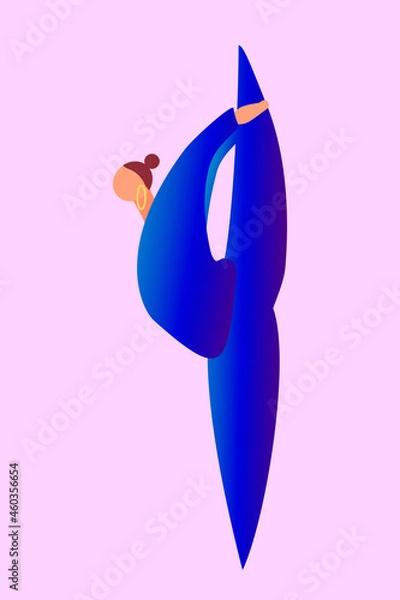Fototapeta A woman in blue clothes does yoga isolated on pink. Cartoon character. Concept of balance, healthy lifestyle, sports, harmony