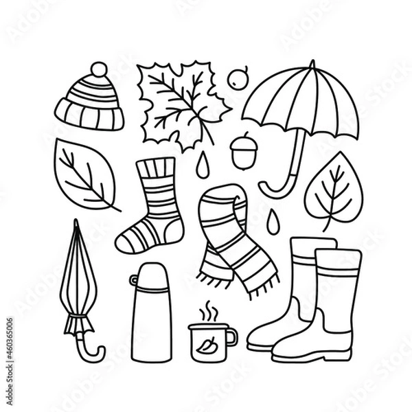 Fototapeta A set of autumn drawings. Contour image of an umbrella, fallen maple leaves, a thermos, a boot, a hat, a scarf, a sock. black drawing of objects for stickers, decor, postcards. Vector fall clipart