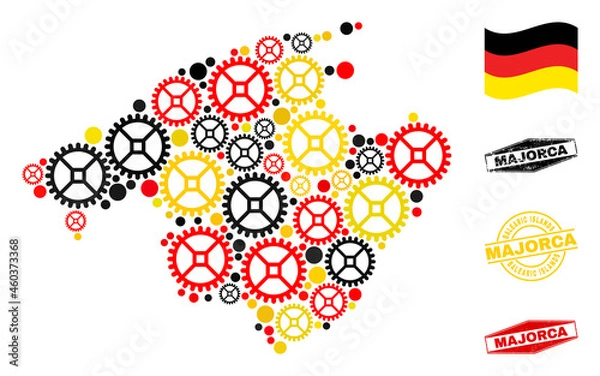Fototapeta Mechanics Majorca map collage and stamps. Vector collage is formed with workshop icons in different sizes, and Germany flag official colors - red, yellow, black.