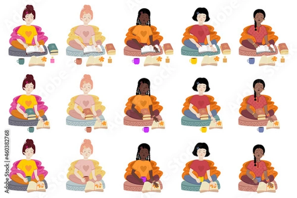 Fototapeta Young girls of different races sit in a lotus position, wrapped in a blanket with books and a diary. Vector autumn stickers and patches with girls set.
