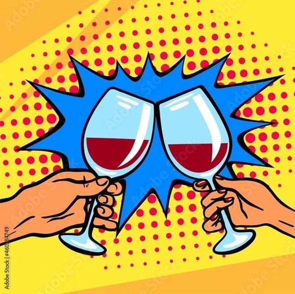 Obraz vector illustration with glasses of wine in hands in pop art style