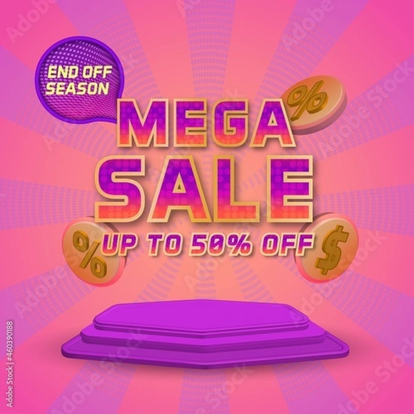 Obraz Social media discount promotion mega sale 3d podium display with sunburst background